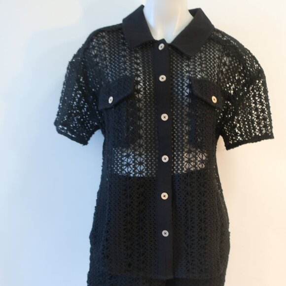 NWT Benaar LA Jeiley Black 2Pc Set Crochet Gauzy Contrast Collared Top Short M C - Picture 8 of 16